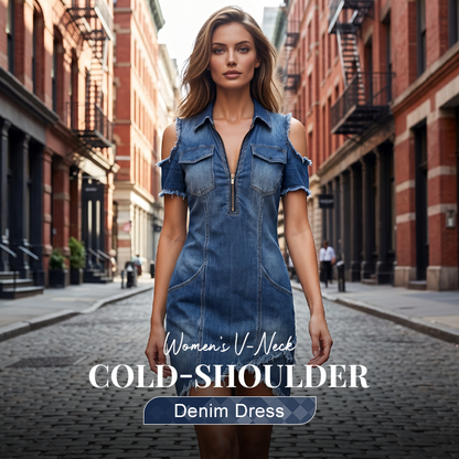 👖 NUR FÜR BEGRENZTE ZEIT: 53 % RABATT! ✨ Damen-Jeanskleid mit freien Schultern – V-Ausschnitt, fließend, Boho-Stil 🌼