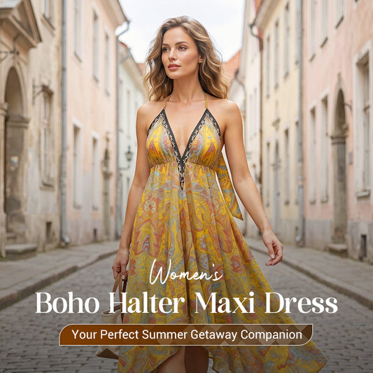 🎁New Arrival 52% OFF💥Women's Boho Deep V Halter Maxi Dress👗🌺