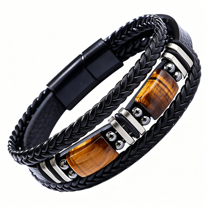Bracciale in Pelle PU Intrecciata con Occhio di Tigre Uomo e Donna