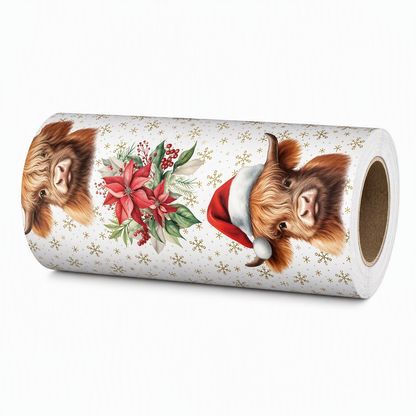 🎁🐮 Carta regalo natalizia con mucca Highland e fiori – Reversibile, rotolo 43 × 500 cm
