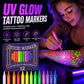 Pennarelli UV per tatuaggi temporanei ✨Luce Nera Brillante｜🖌️Asciugatura Rapida｜🤲Corpo Leggero. 🎨Il set con pigmenti saturi disegna dettagli fini, si asciuga in 20 secondi e ti permette di creare motivi luminosi per le tue serate e le feste personali